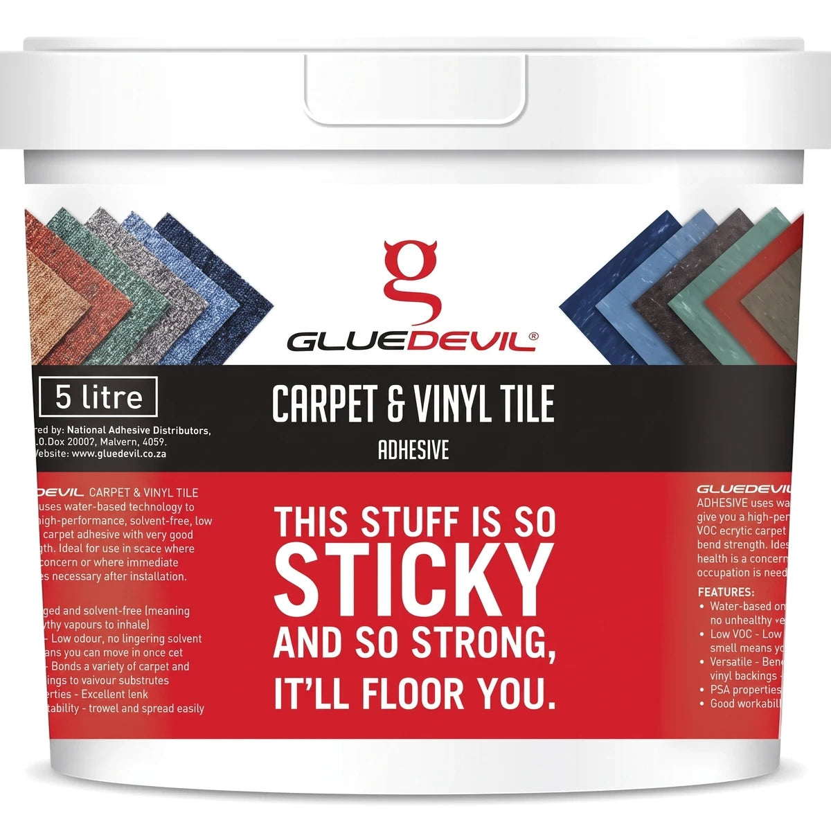 White 5 litre GlueDevil Carpet & Vinyl Tile Adhesive bucket with product details and colorful tile swatches on the label.