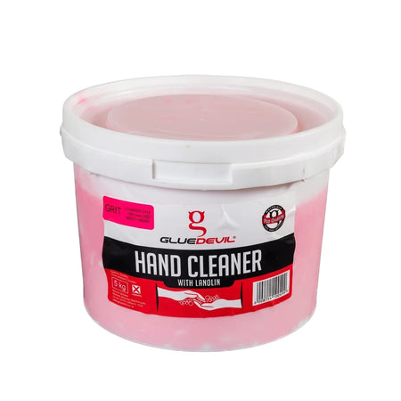 5kg Gel Hand Cleaner by GlueDevil in a white plastic bucket with pink grit formula and lanolin, shown in an angled product
