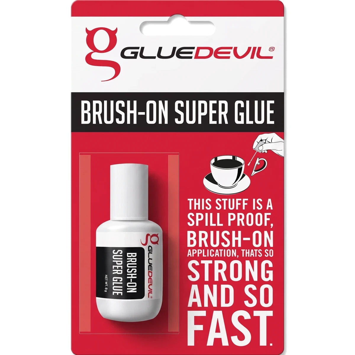GLUEDEVIL Brush-On Super Glue in an 8G red and white blister pack for strong, fast, spill-proof application.