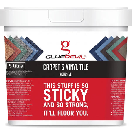 5 litre white bucket of GlueDevil Carpet & Vinyl Tile Adhesive with red and black labels and various carpet and vinyl tile