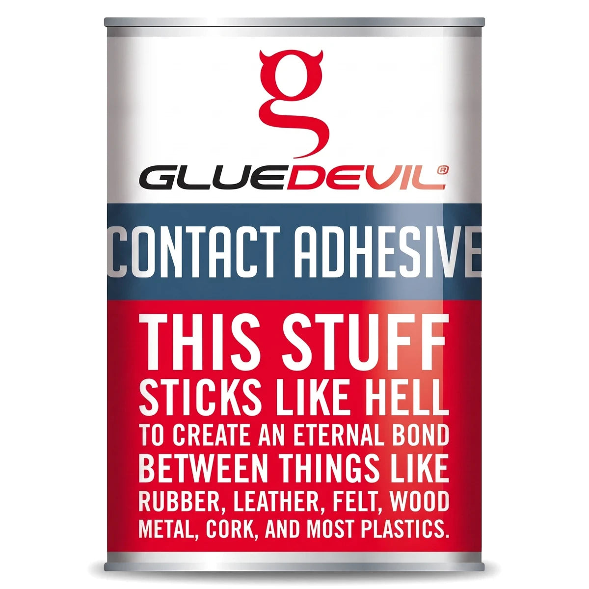 White and red GlueDevil Contact Adhesive container, 25L, with bold text "THIS STUFF STICKS LIKE HELL" for strong bonding.
