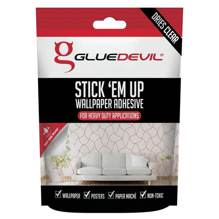 Gluedevil Stick 'Em Up Heavy Duty Wallpaper Adhesive 200G in a white and red pouch that dries clear.