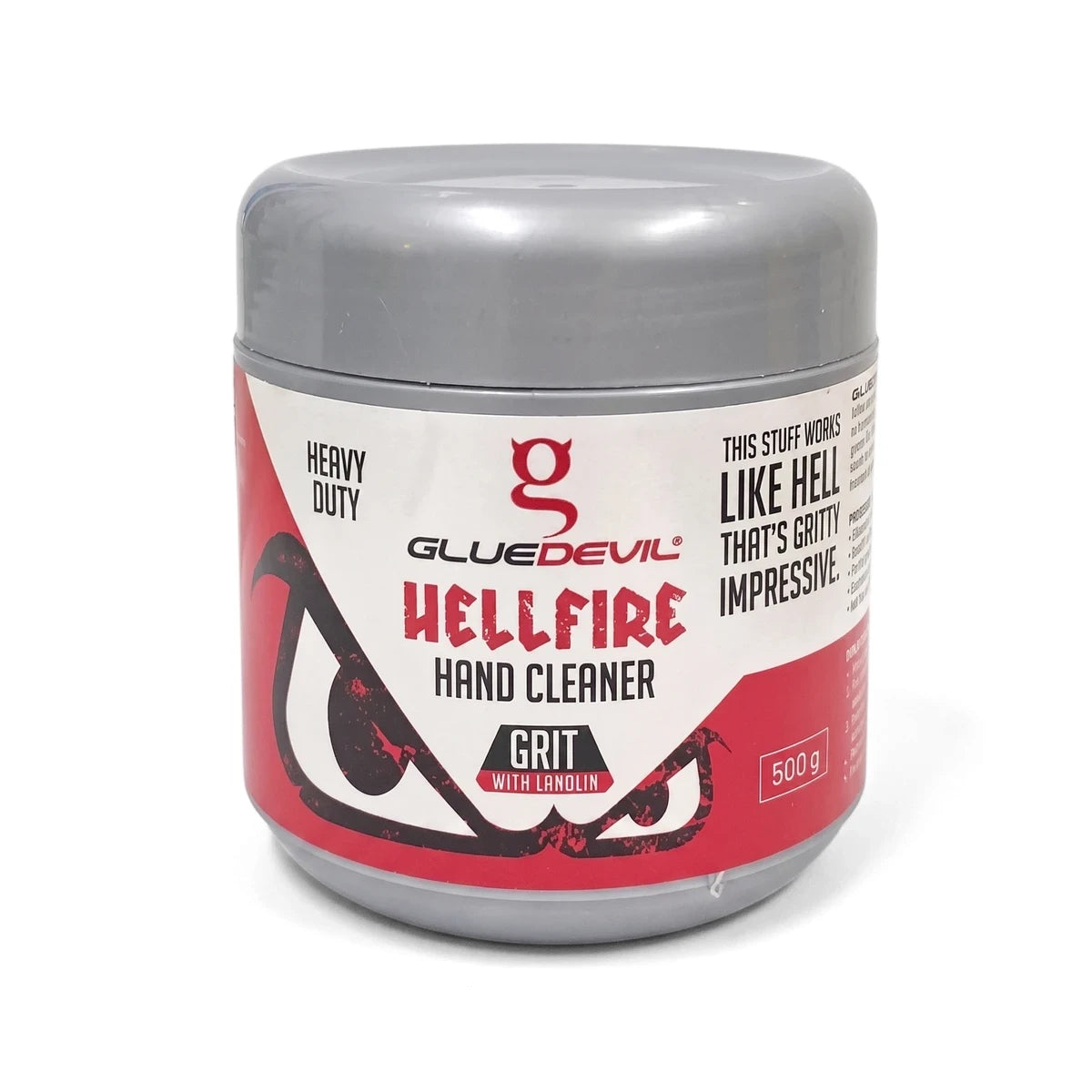 GlueDevil Hellfire Heavy Duty Gel Hand Cleaner in a grey and red 500g jar, designed for tough cleaning.