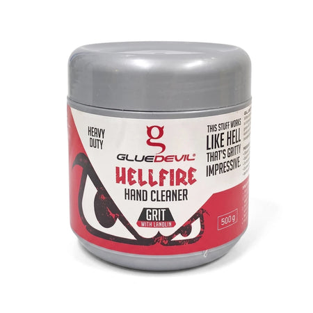 GlueDevil Hellfire Heavy Duty Gel Hand Cleaner in a grey and red 500g jar, designed for tough cleaning.