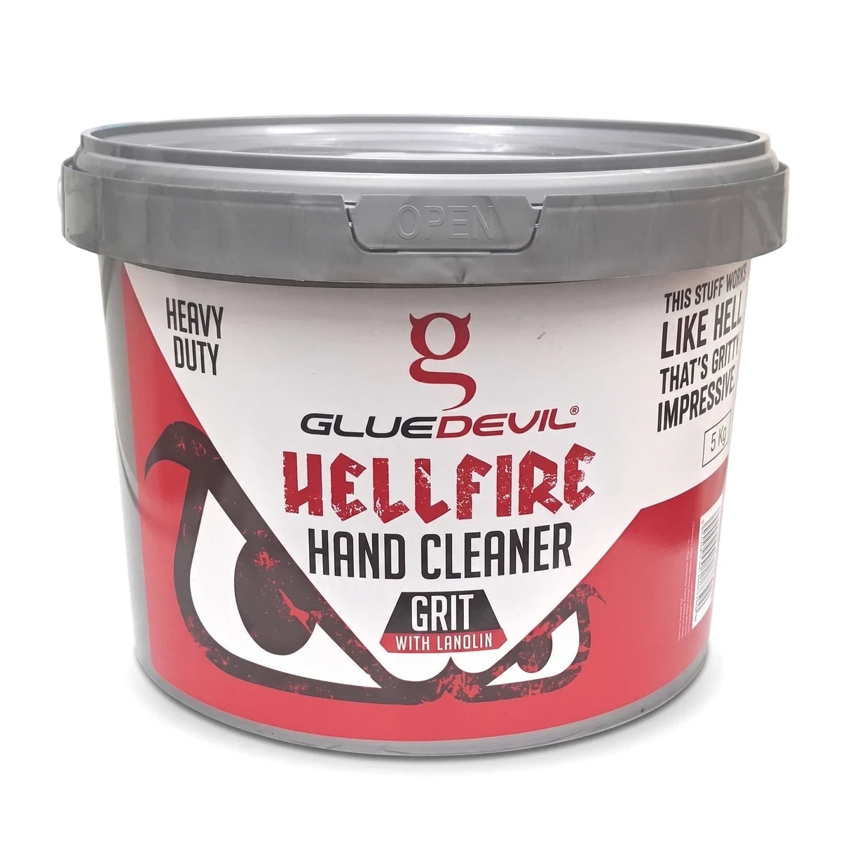 A red, white, and gray 5kg GlueDevil Hellfire Heavy Duty Gel Hand Cleaner tub with grit and lanolin, featuring devil eye