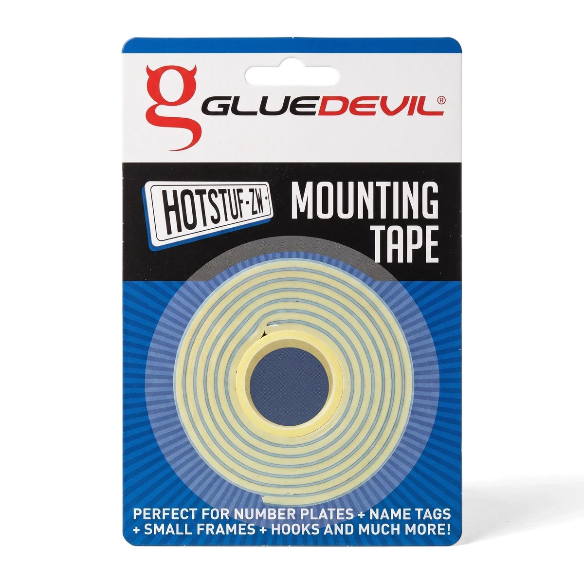 GlueDevil HotStuf Double-Sided Mounting Tape in packaging, 3mm x 24mm x 10m roll, ideal for number plates and frames.