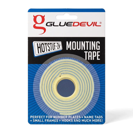 GlueDevil HotStuf Double-Sided Mounting Tape in packaging, 3mm x 24mm x 10m roll, ideal for number plates and frames.
