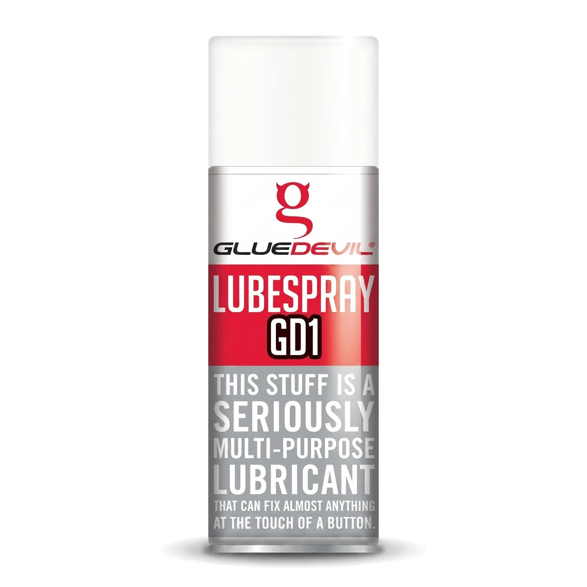 White and red GlueDevil Lubespray GD1 multipurpose lubricant spray can with black text.