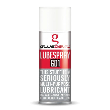 White and red GlueDevil Lubespray GD1 multipurpose lubricant spray can with black text.