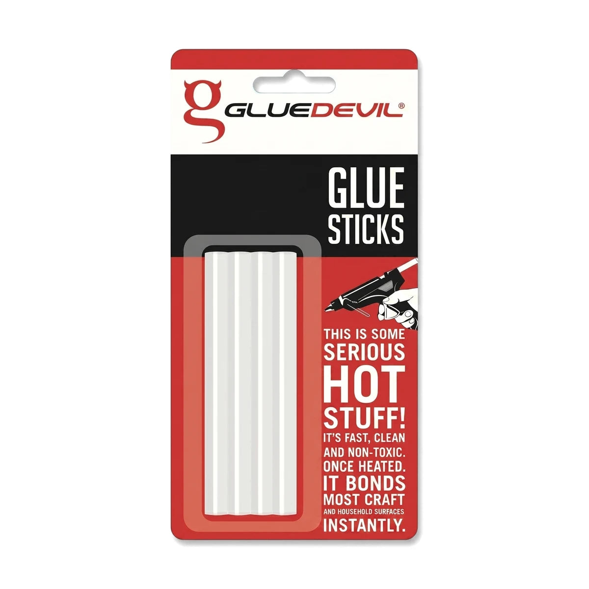Gluedevil Mini Hot Melt Glue Sticks in red and black blister packaging, featuring a clear window showing white glue sticks.