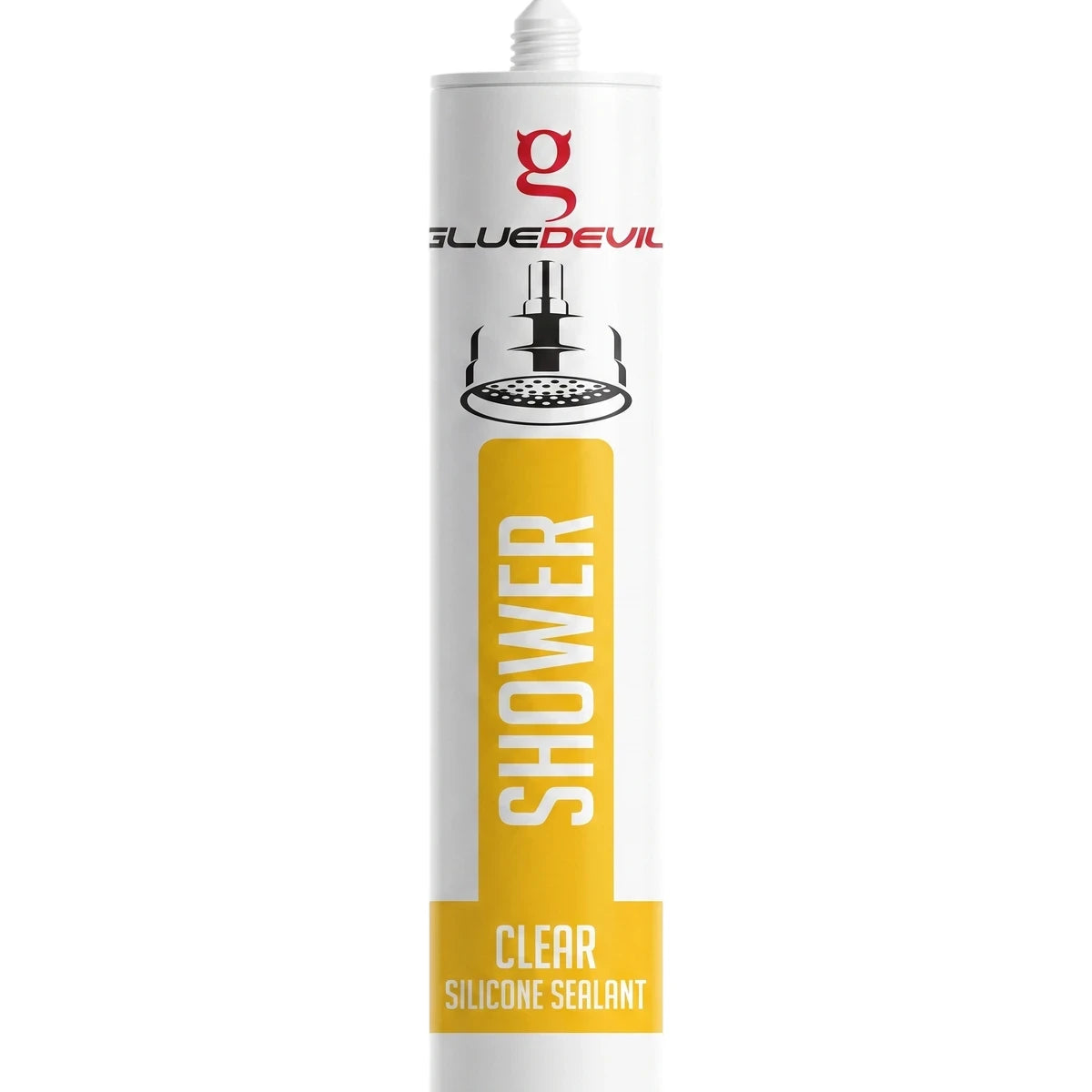 Gluedevil Shower Clear Silicone Sealant tube, white with red and yellow branding, shown upright.