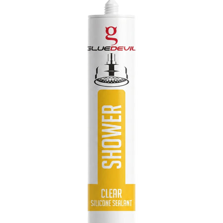 Gluedevil Shower Clear Silicone Sealant tube, white with red and yellow branding, shown upright.