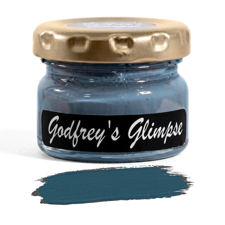 Godfrey's Glimpse 25ml chalk paint jar in a blue-grey shade with a matching paint swatch displayed.