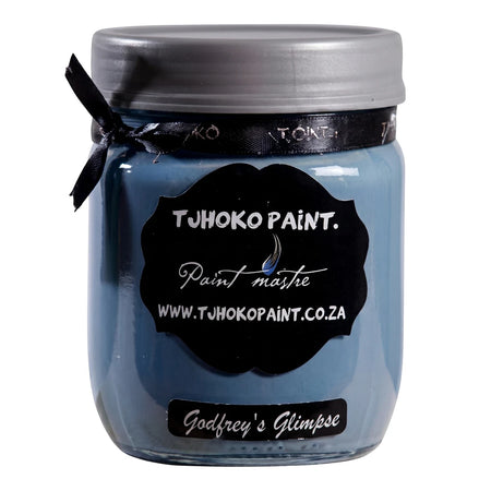 Godfrey's Glimpse 500ml Chalk Paint in a blue jar with a gray lid and black label, standing upright.