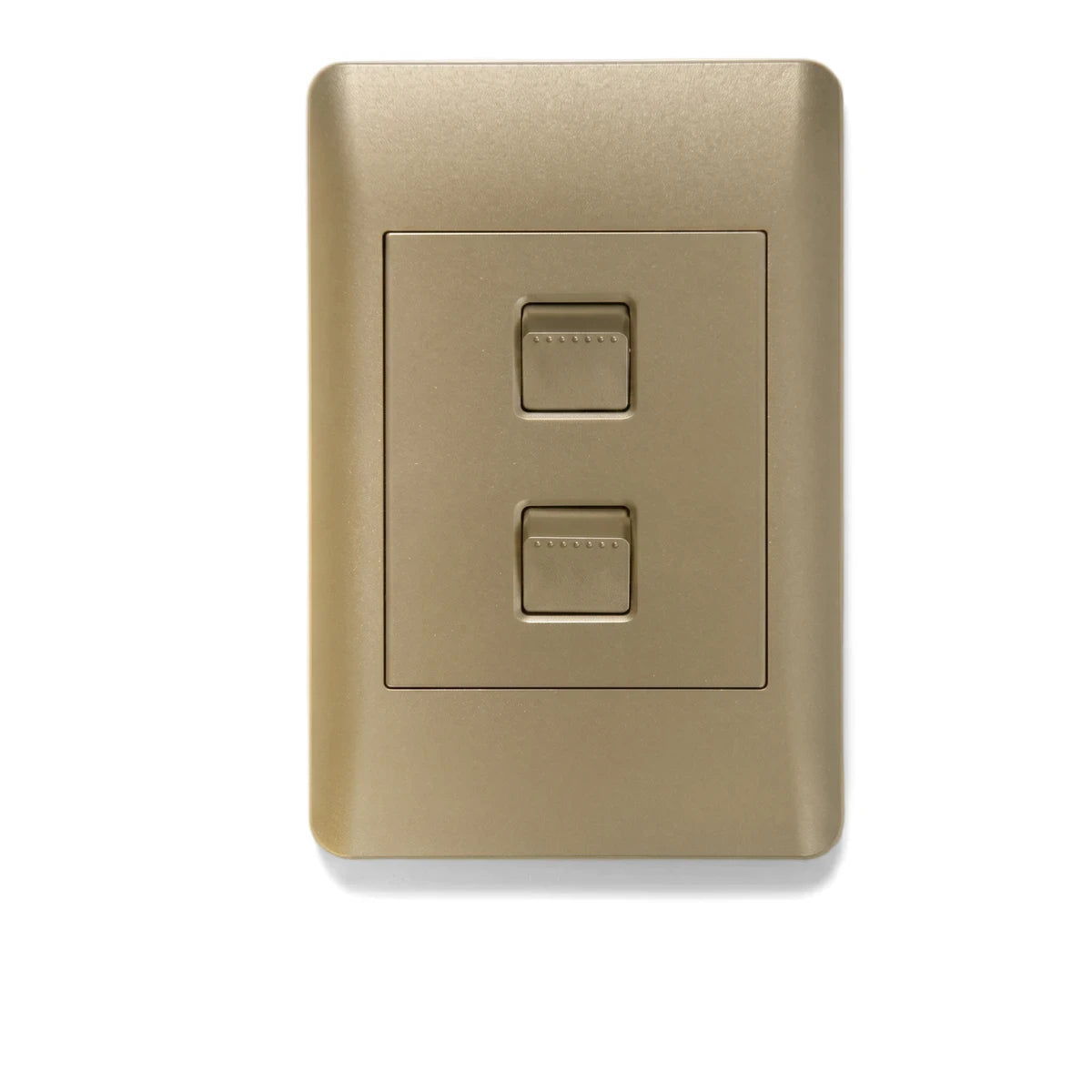 Gold two-lever light switch, Apollo 100X50mm 1W Contempo model, featuring a metallic finish and square toggles.