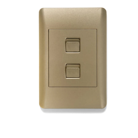 Gold two-lever light switch, Apollo 100X50mm 1W Contempo model, featuring a metallic finish and square toggles.