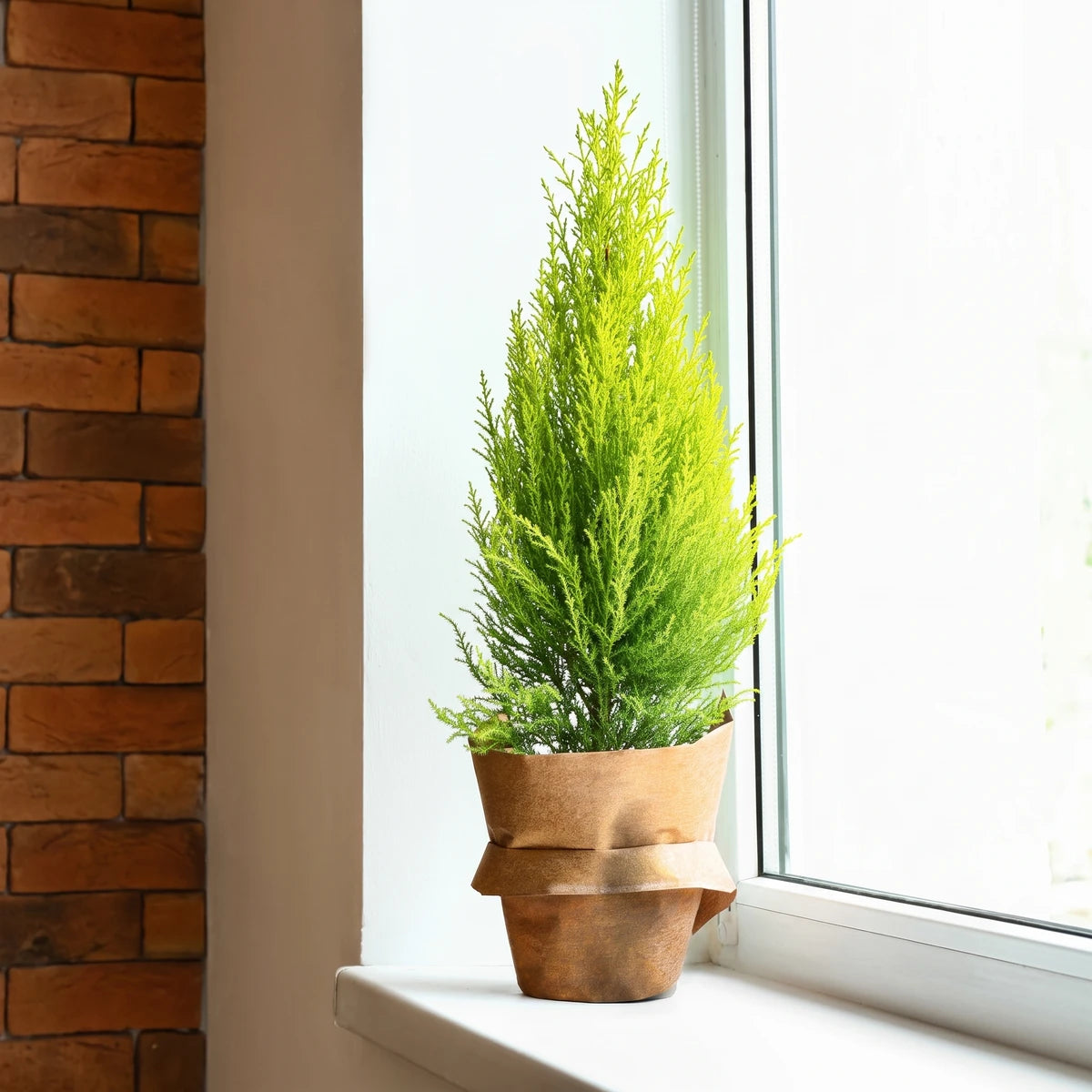 A vibrant green Goldcrest Cypress plant in a decorative brown paper pot on a white windowsill.