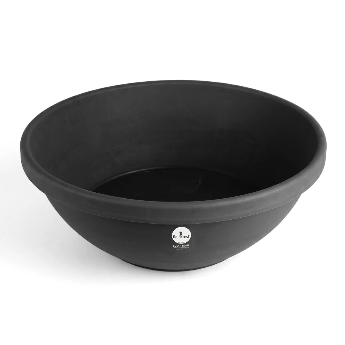 Black Goldcrest Solar Bowl, 25cm diameter, featuring a round shape and a subtle logo on the side.