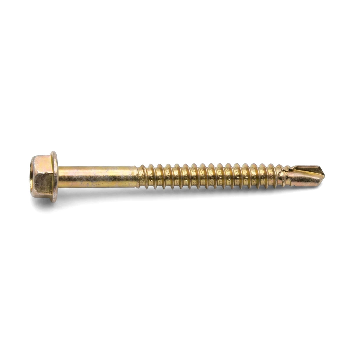 A single golden hex-head self-drilling tek screw displayed horizontally on a white background, highlighting its threads and