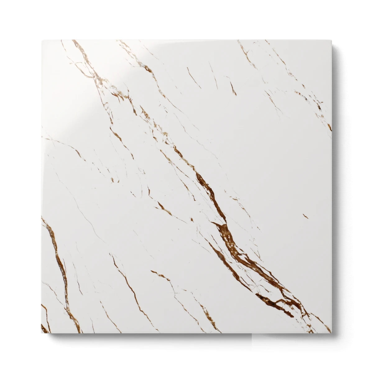 Square Golden Onyx tile featuring a white base with intricate golden and brown marble veining pattern, ideal for flooring.