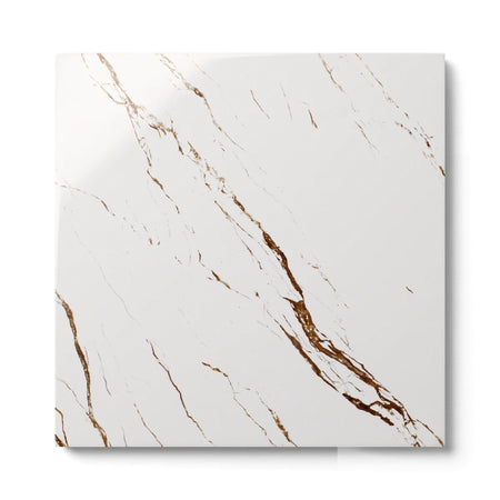 Square Golden Onyx tile featuring a white base with intricate golden and brown marble veining pattern, ideal for flooring.