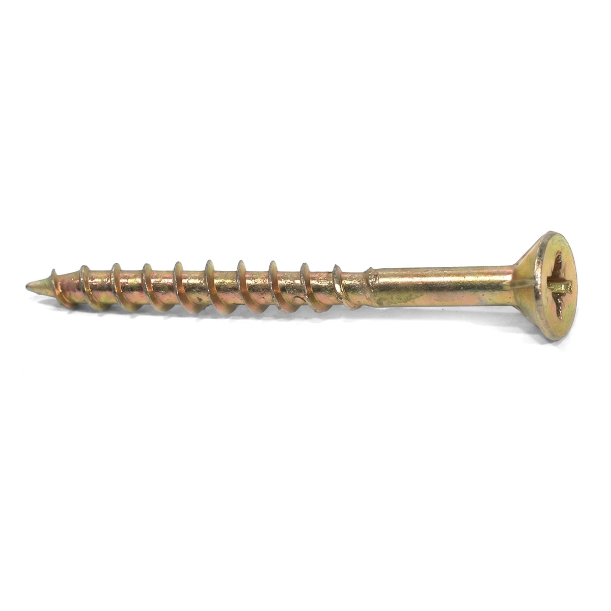 A single golden yellow chipboard screw with a threaded shaft and a flat, cross-recessed head, displayed horizontally.