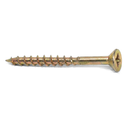 A single golden yellow chipboard screw with a threaded shaft and a flat, cross-recessed head, displayed horizontally.