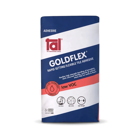 Goldflex Rapid Setting Flexible Tile Adhesive in a blue and white bag, suitable for various stone tiles on walls and floors.