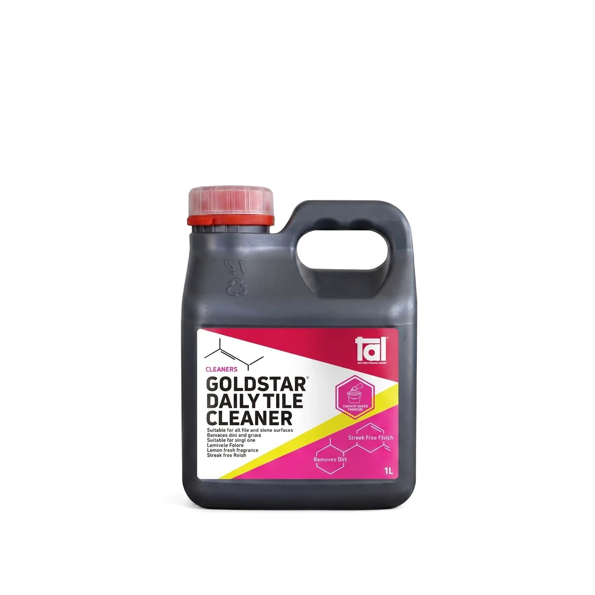 Goldstar Daily Tile Cleaner in a dark grey 1L bottle with a vibrant pink and yellow label and a red cap, standing upright.