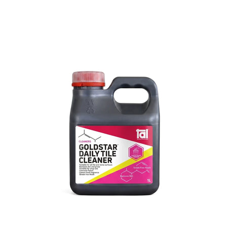 Goldstar Daily Tile Cleaner in a dark grey 1L bottle with a vibrant pink and yellow label and a red cap, standing upright.