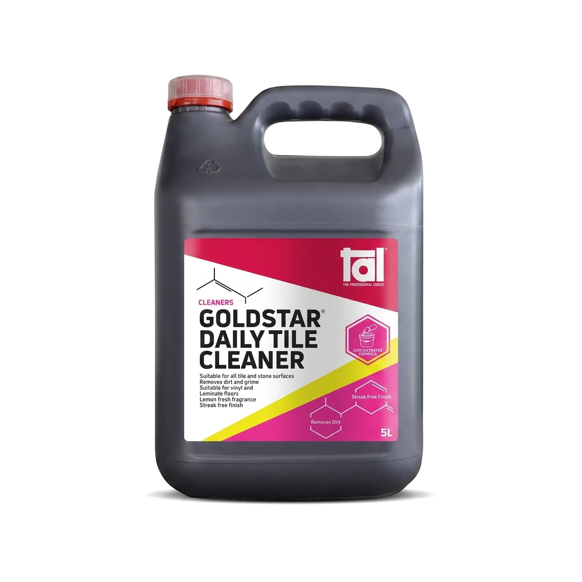 Goldstar Daily Tile Cleaner in a dark gray 5L jerrycan with a red cap and pink label, designed for effective tile cleaning.