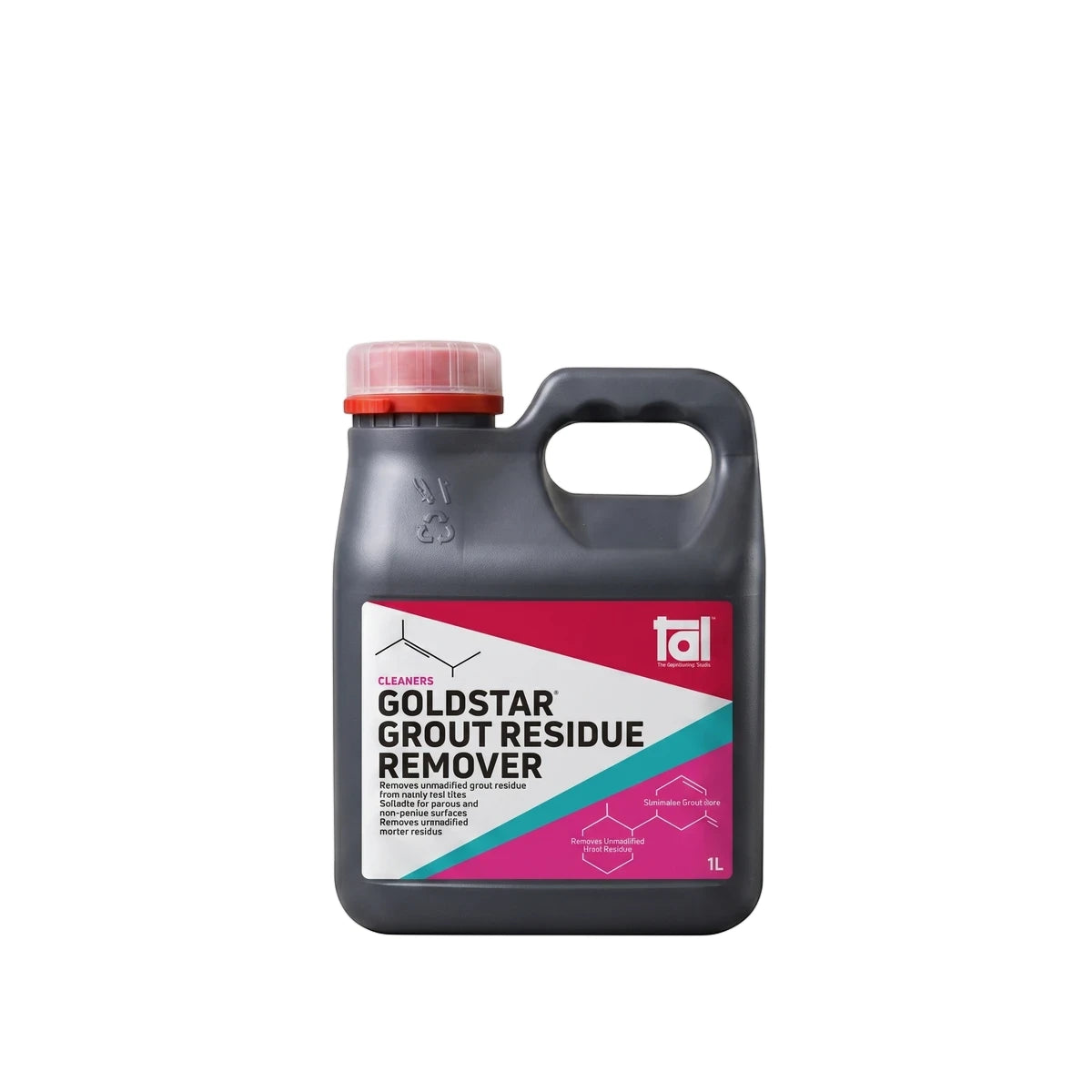 Goldstar Grout Residue Remover 1L in a dark grey bottle with a red cap, a powerful cleaning solution for tiles.