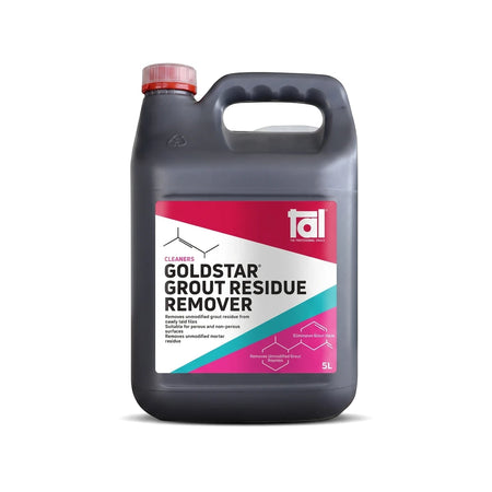 Goldstar Grout Residue Remover 5L in a dark grey container with a red cap and a prominent pink and teal label.