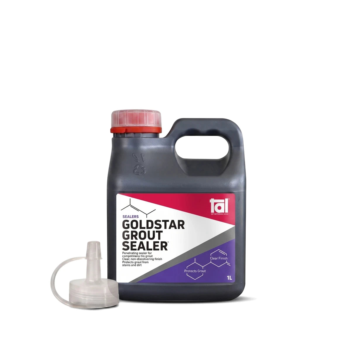 Goldstar Grout Sealer 1L in a dark grey bottle with a red cap and white dispenser nozzle, shown upright.