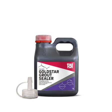 Goldstar Grout Sealer 1L in a dark grey bottle with a red cap and white dispenser nozzle, shown upright.