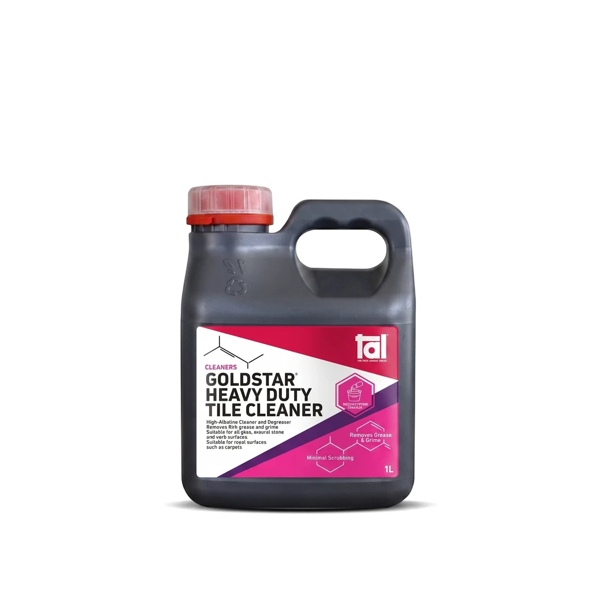 Dark gray Goldstar Heavy Duty Tile Cleaner 1L bottle with a vibrant pink and white label, featuring a red screw cap.