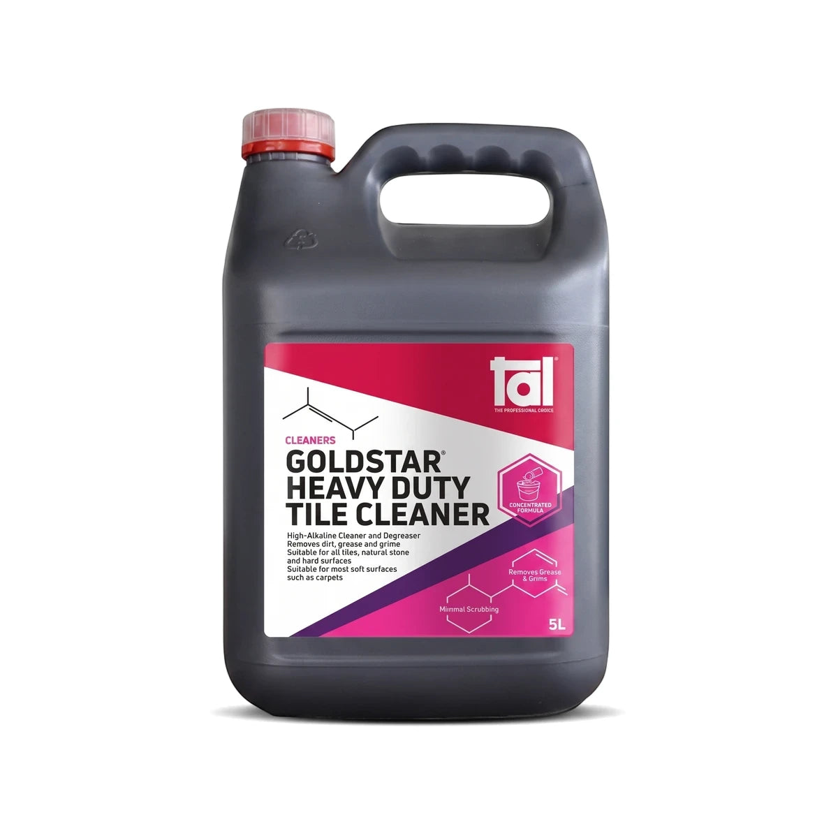 Goldstar Heavy Duty Tile Cleaner, a 5L dark grey bottle with a red cap and vibrant pink and white label.