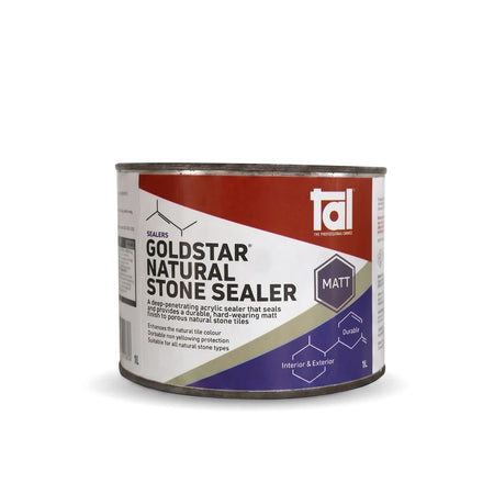 Goldstar Stoneseal Matt 1L natural stone sealer in a metal can with a red and blue label for interior and exterior use.