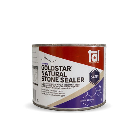Goldstar Stoneseal Satin 1L Natural Stone Sealer in a metal can, offering a durable satin finish for porous natural stone
