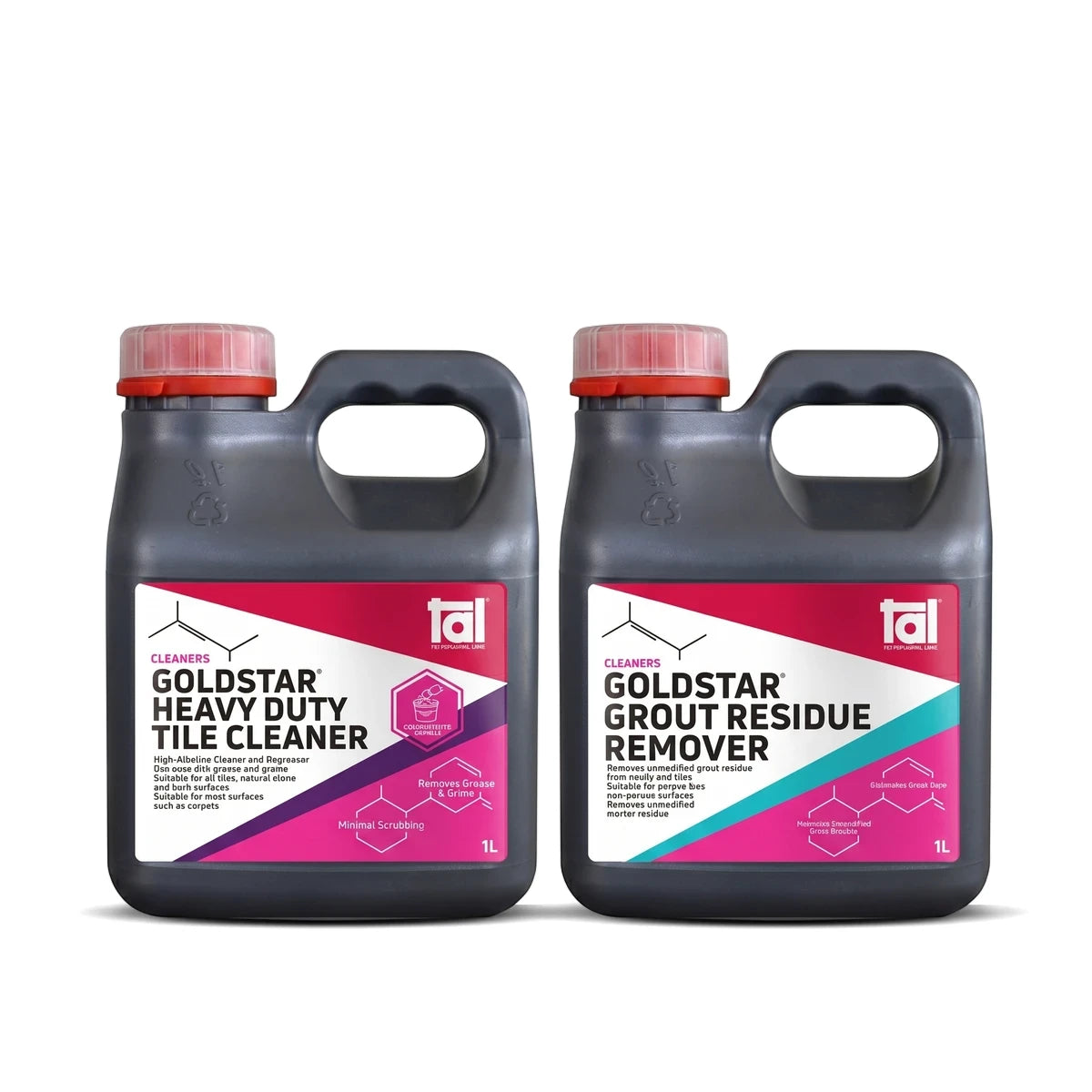 Bundle of Goldstar Heavy Duty Tile Cleaner and Grout Residue Remover, dark grey 1L bottles with red caps.