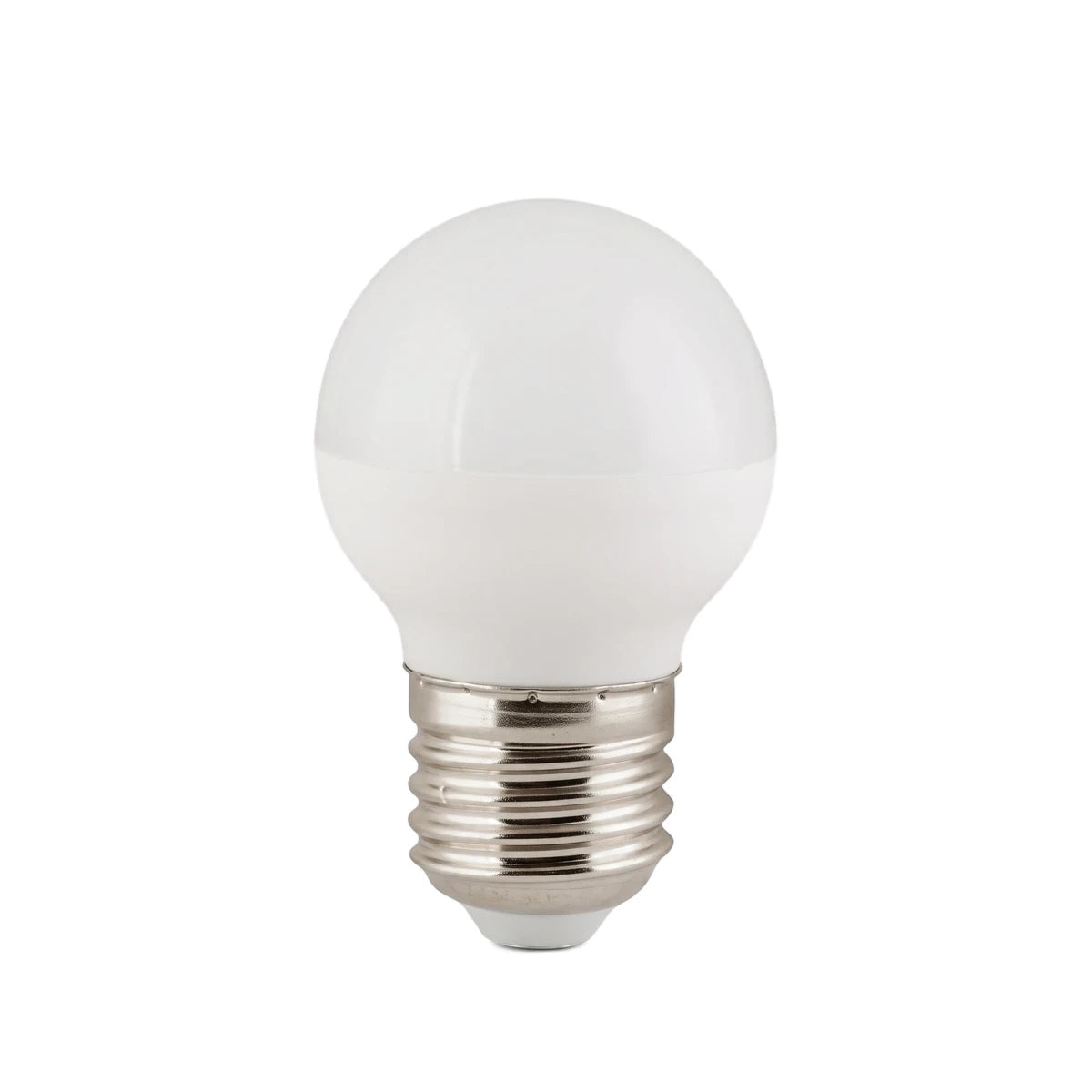 White Golf Ball 5.5W 5000K LED bulb with a silver E27 screw base, viewed front-on.