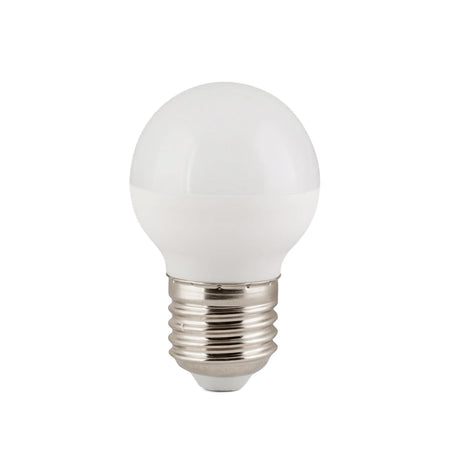 White Golf Ball 5.5W 5000K LED bulb with a silver E27 screw base, viewed front-on.