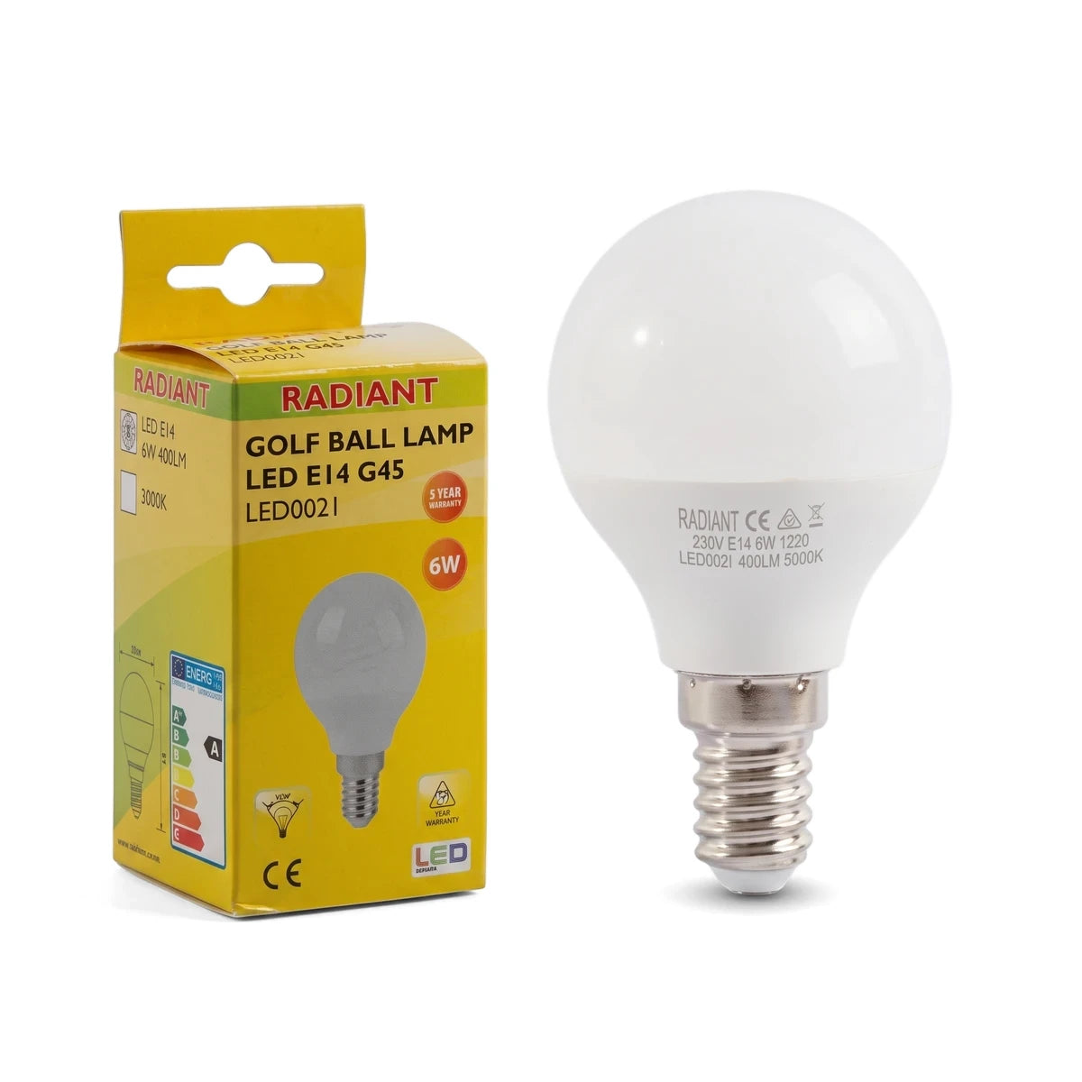 White frosted golfball LED lamp with E14 base, 6W and 5000K, displayed next to its yellow packaging box.