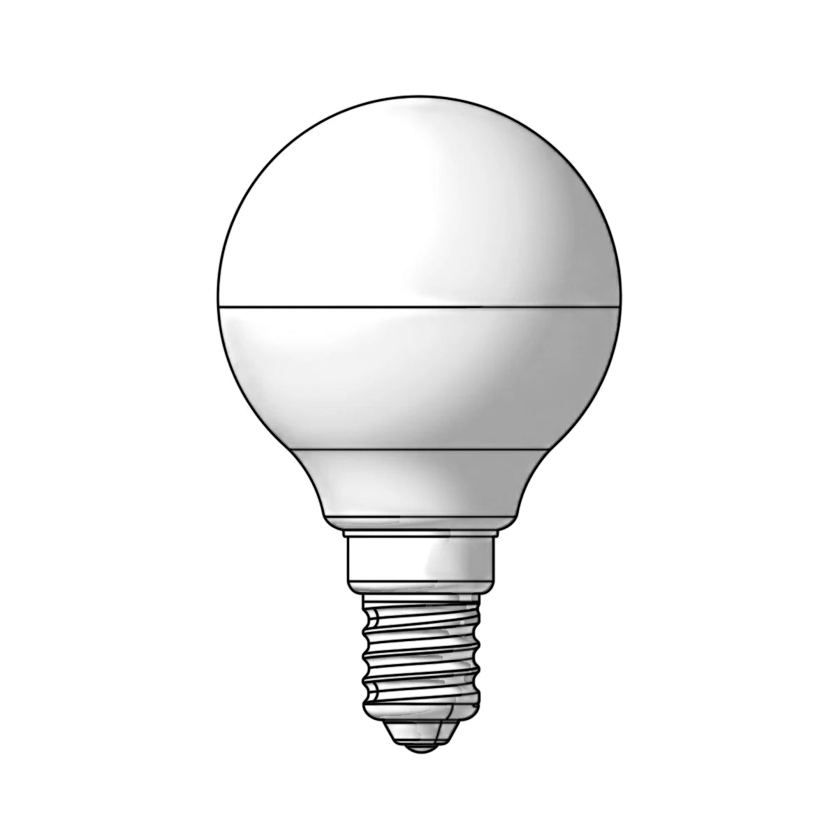 Technical line drawing of a Golfball Frosted E14 LED 6W 5000K light bulb, showing its spherical shape and screw base with