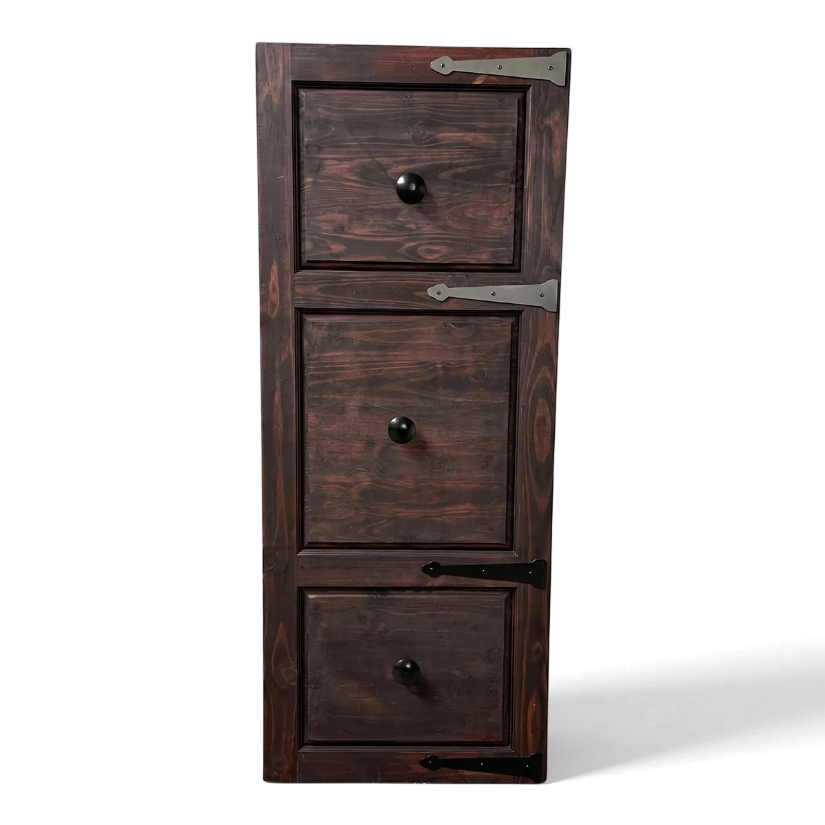 Gothic Standard Door 813, dark stained wood cabinet with three panels, black knobs, and decorative metal hinges.