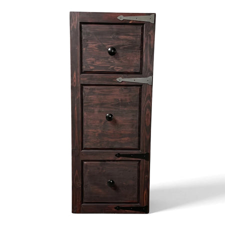 Gothic Standard Door 813, dark stained wood cabinet with three panels, black knobs, and decorative metal hinges.