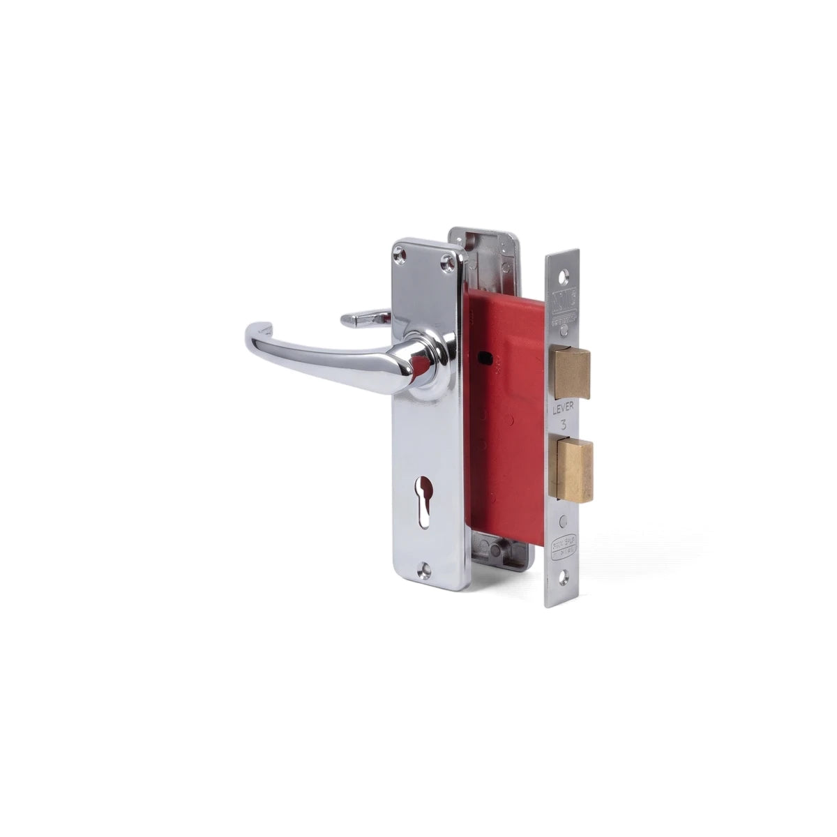 Gower 2 Lever Lockset with a chrome handle, keyhole, and red internal mechanism for door security.