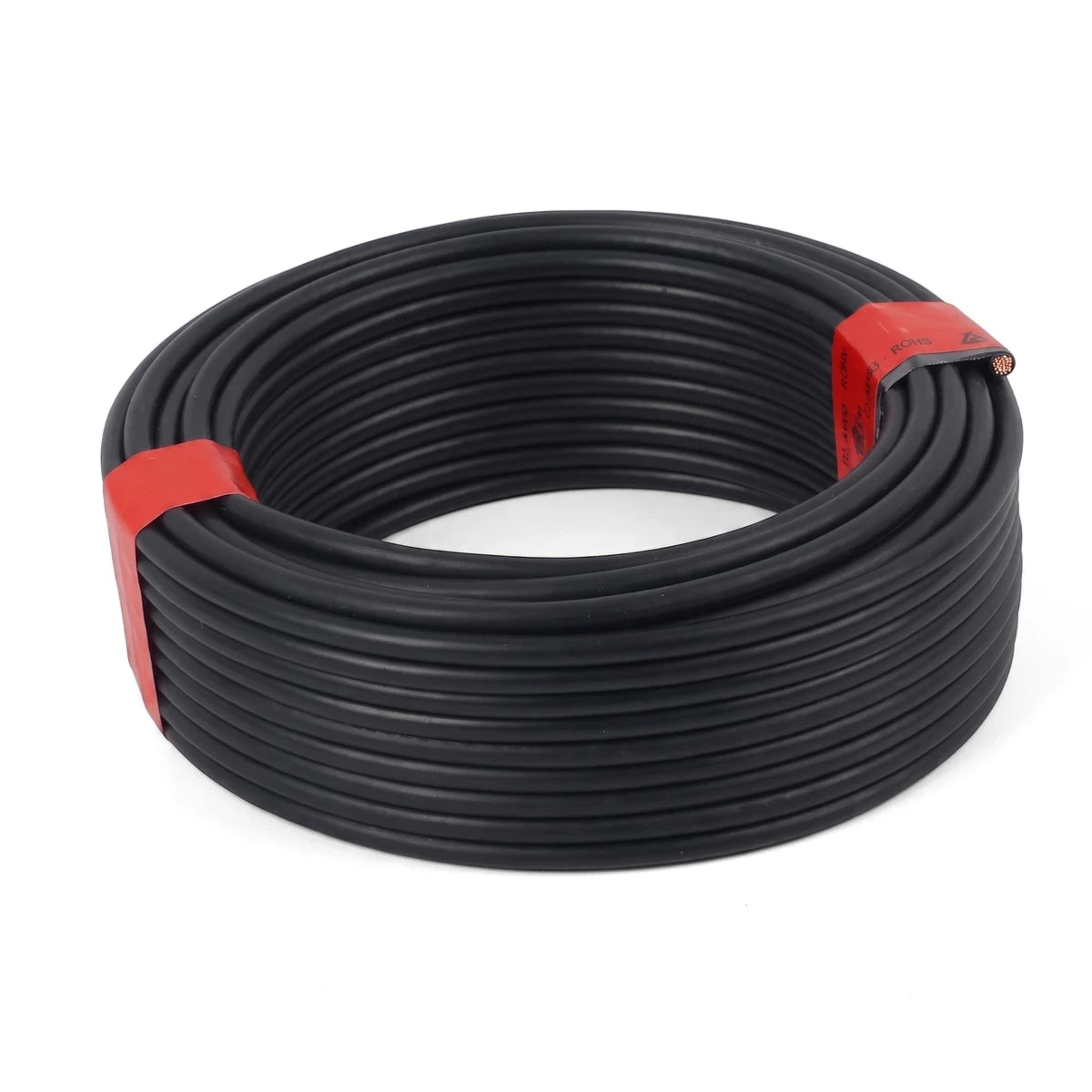 A black 1.5mm G.P. electrical wire and cable roll, 100 meters long, coiled and secured with red bands on a white background.
