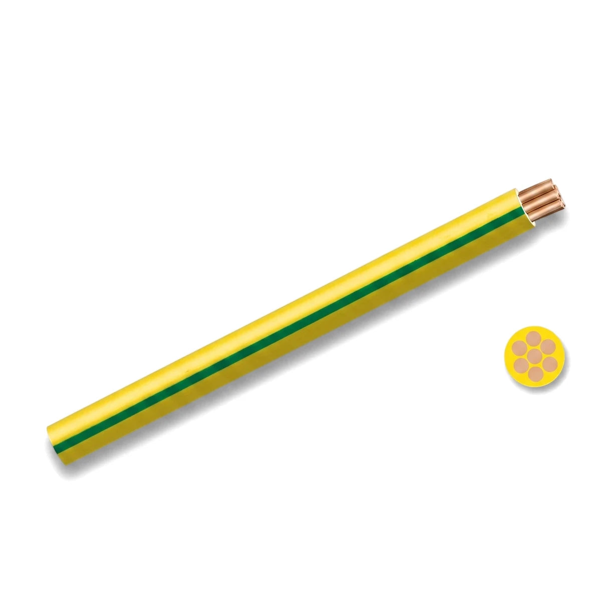G.P 1.5mm green and yellow electrical wire and cable roll with visible copper strands and cross-section.