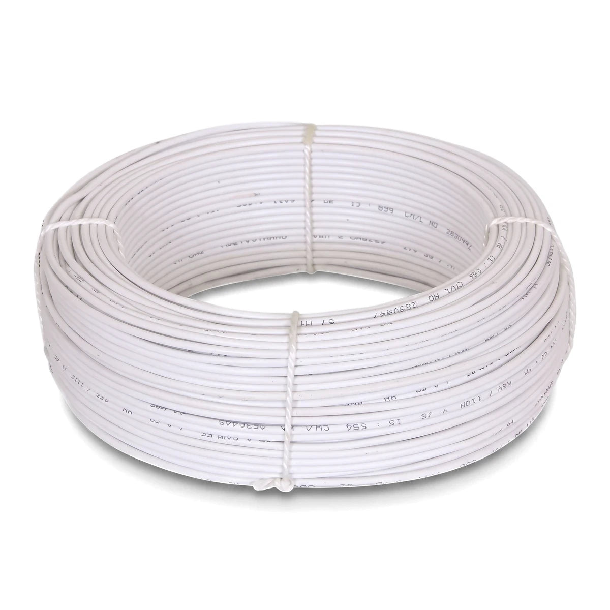 A coiled 100M roll of G.P 1.5mm white electrical wire, captured from an elevated perspective against a clean white